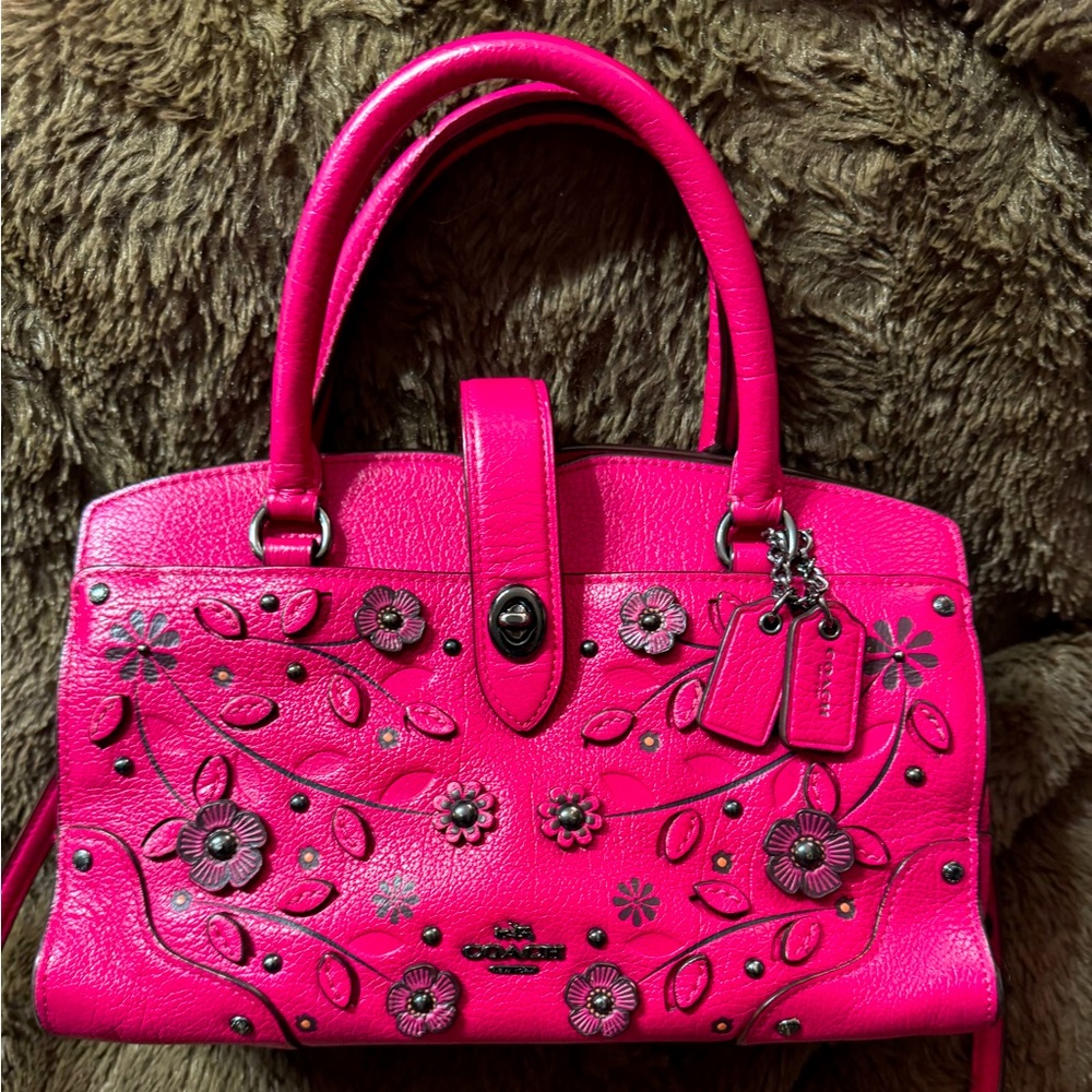RARE Coach Mercer 24 Leather Tea Rose Satchel Magenta Pink Flowers Rivets GUC